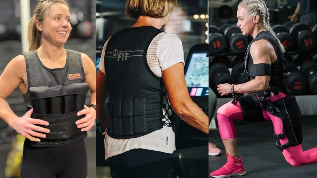 Three women wear weighted vests during different gym exercises.