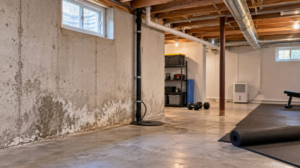 Unfinished basement gym with moisture stains on the wall, exposed ceiling beams, and exercise equipment.