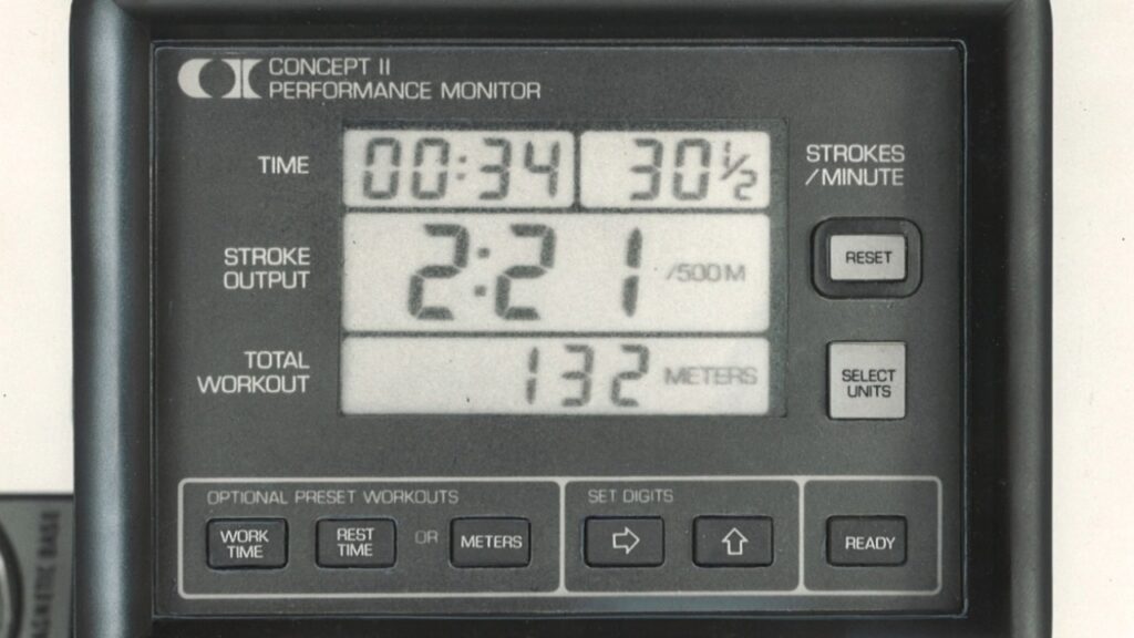 An early Concept2 performance monitor displays workout time, stroke rate, pace and distance.