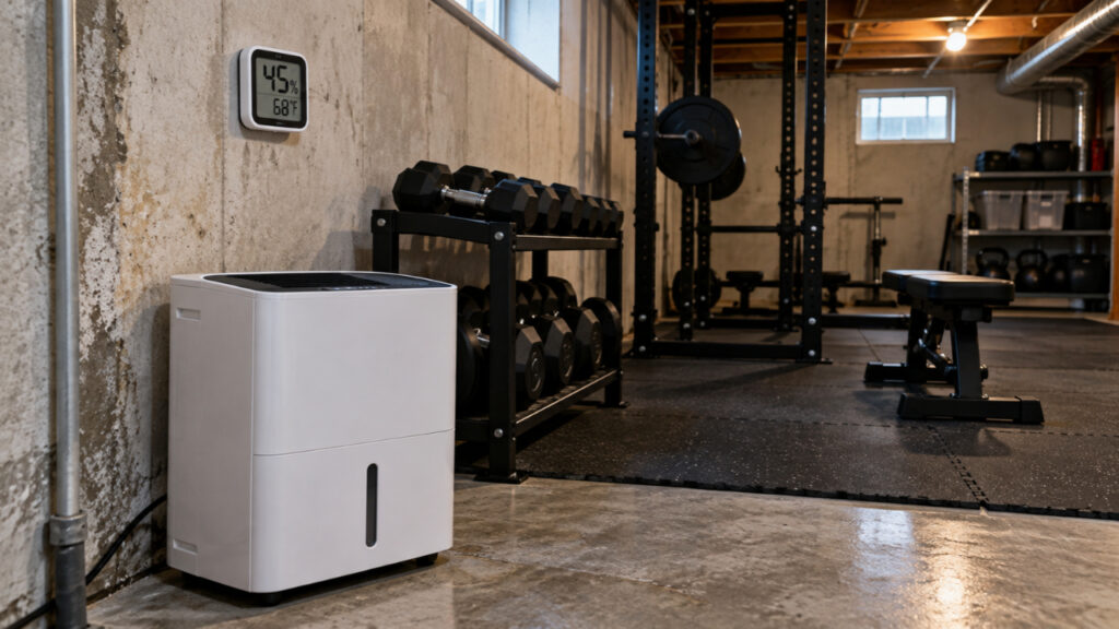 Basement gym with a dehumidifier, wall-mounted hygrometer, dumbbell rack, and rubber flooring.