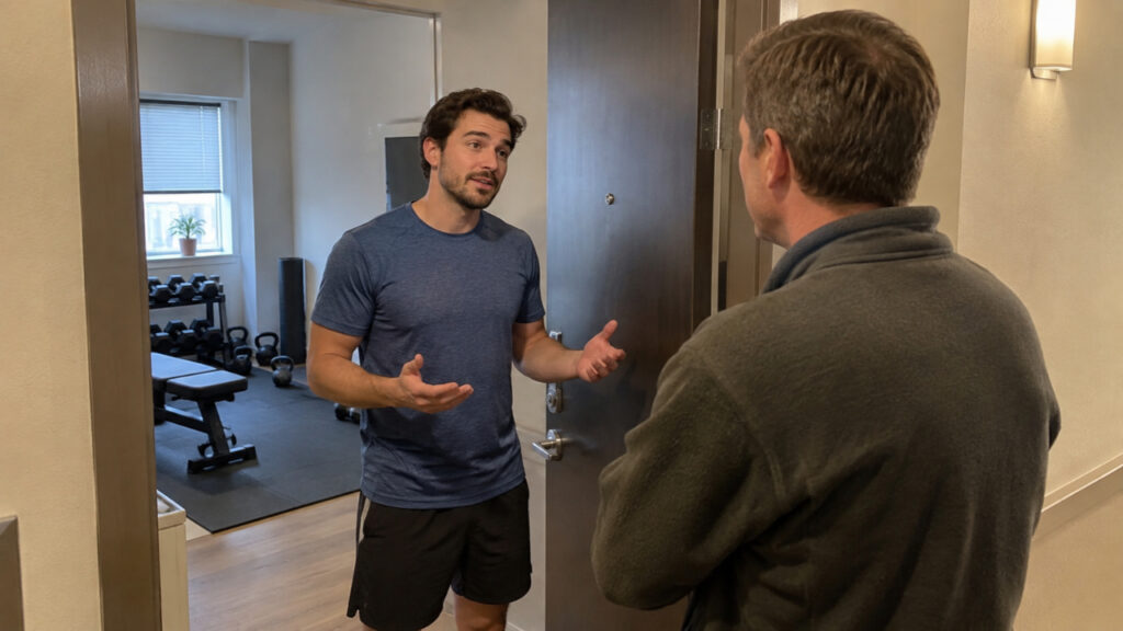 A man in sportswear talks to his neighbor at the apartment door, with home gym equipment visible behind him.
