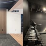 A before-and-after view of an empty room transformed into a home gym with dumbbells and exercise benches.