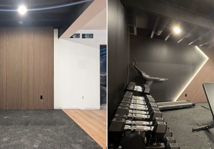 A before-and-after view of an empty room transformed into a home gym with dumbbells and exercise benches.