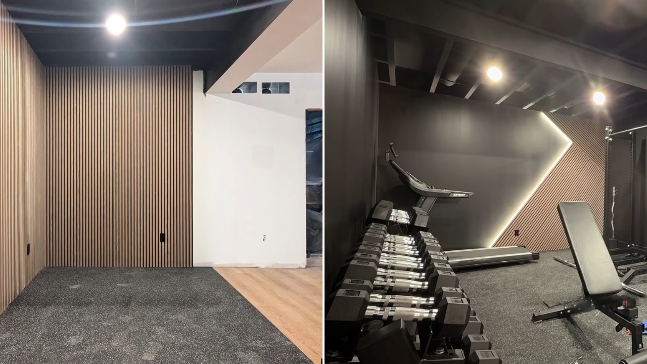 A before-and-after view of an empty room transformed into a home gym with dumbbells and exercise benches.