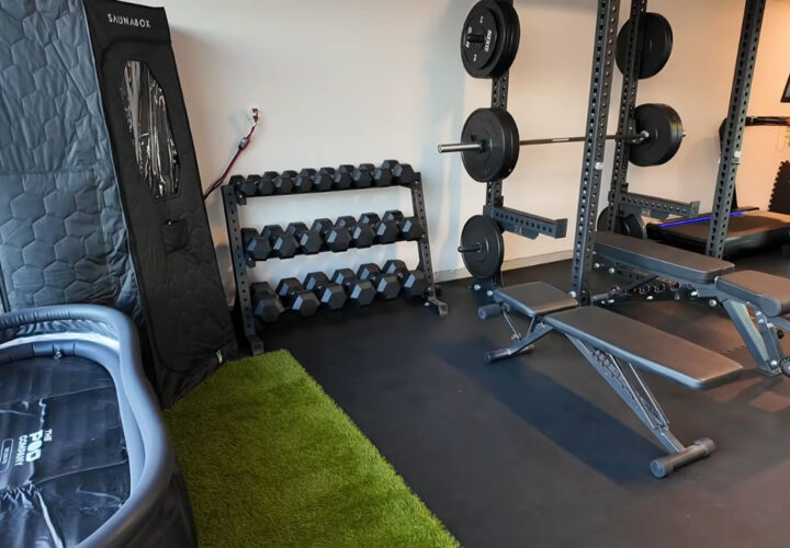 A home gym with dumbbell racks, weight benches, a squat rack, and exercise equipment.