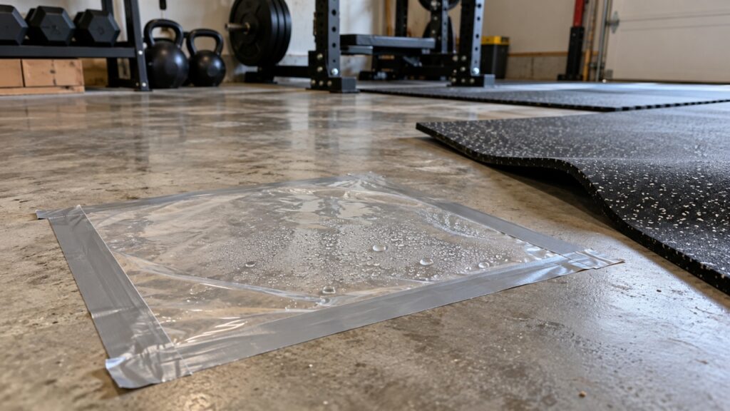 A plastic sheet taped to a concrete garage floor shows moisture beneath it beside a rubber gym mat.